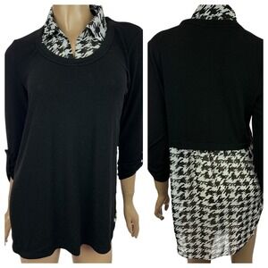 Maurices Sz M Black Knit w Sheer Black & Gray Blouse  Tunic 3/4 Sleeve Collared